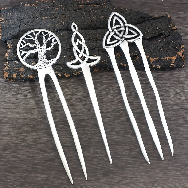 1pc Vintage Viking Style Hairpin Tree Of Life Hairpin Celtic Knot Crescent Moon Silvery Hair Stick Hair Accessories For Women