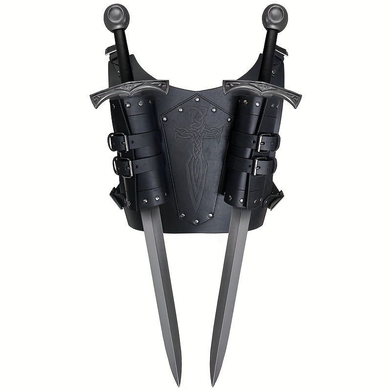 Medieval Viking-Inspired PU Leather Sword Sheath - Adjustable Renaissance Knight & Mercenary Dual Back Scabbard for Halloween, LARP, and Stage Costumes