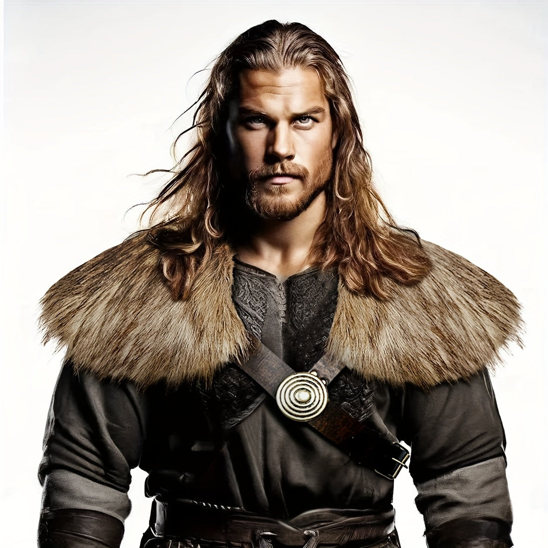 1 Set Medieval Warrior Costume - Fur Shawl with Belt, Fur Mantle, and Fur Collar, Viking-Inspired LARP Attire with Authentic Details