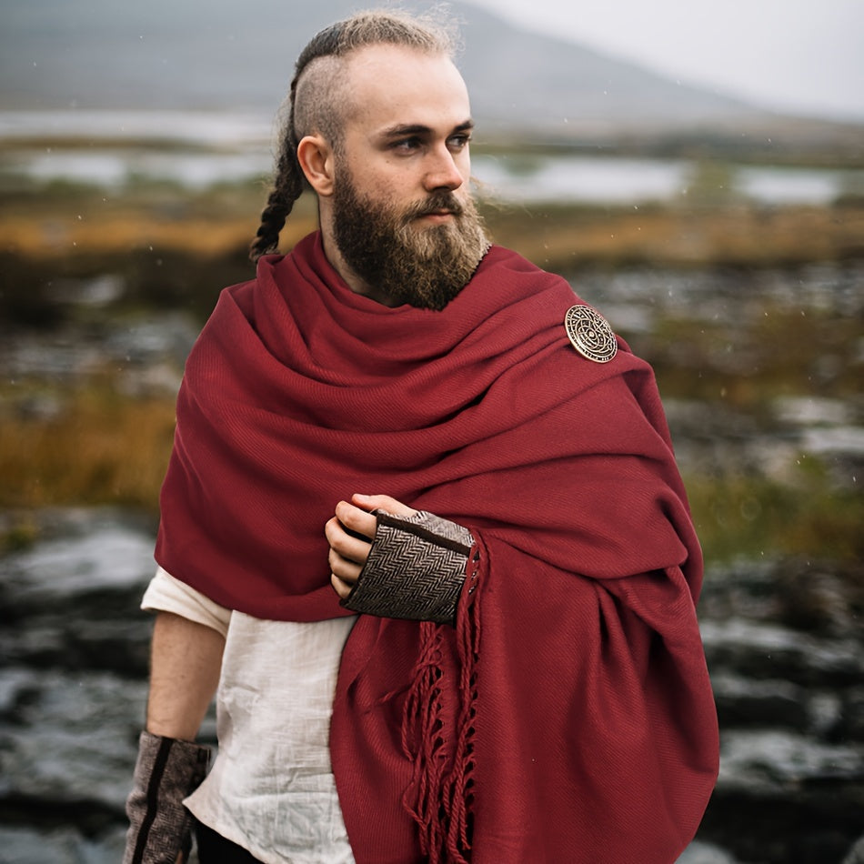 L'VOW Authentic Red Medieval Half Shoulder Cape with Viking Brooch - Durable Polyester, Fringe Detail, Perfect for Men & Women Halloween Cosplay & Renaissance Fairs, Halloween Costumes