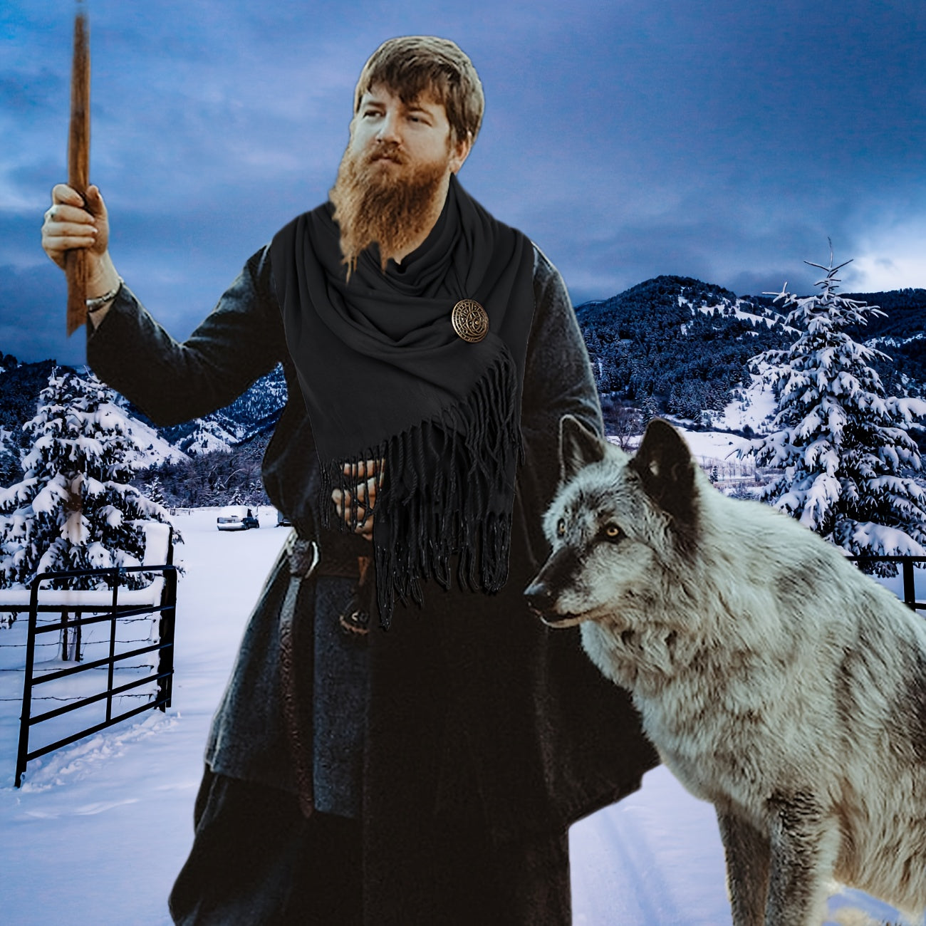 L'VOW Authentic Red Medieval Half Shoulder Cape with Viking Brooch - Durable Polyester, Fringe Detail, Perfect for Men & Women Halloween Cosplay & Renaissance Fairs, Halloween Costumes