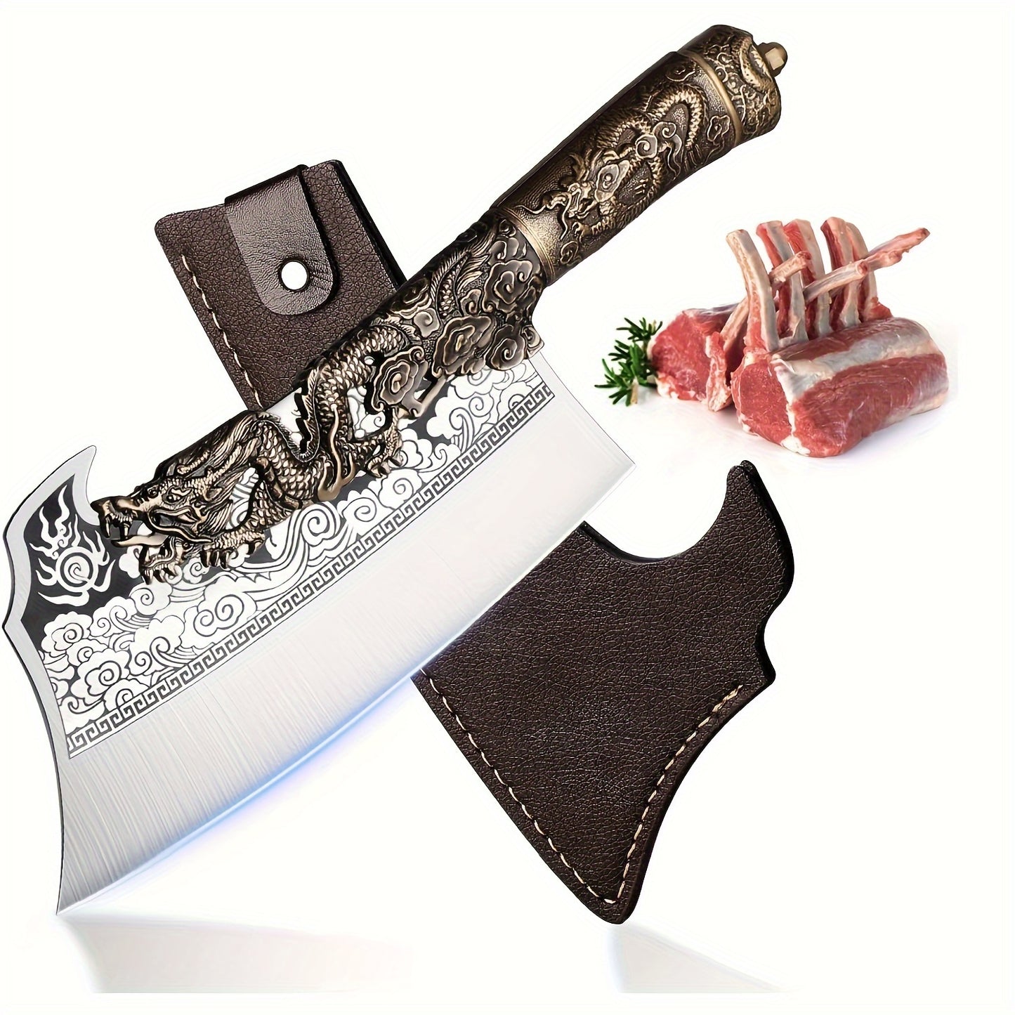 2lb Heavy Duty Dragon Butcher Knife - Chinese Chef's Cleaver for Meat Bone Cutting, 9.5" Big Viking Camping Chopper with Sheath, Perfect Birthday Father Mother Christmas Gift Idea for Men