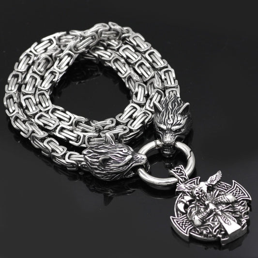 1pc Vintage-Inspired Stainless Steel Nordic Viking King Chain Pendant Necklace - Fashionable Trendy Wolf Head Design, Durable, Hypoallergenic, Water-Resistant, Perfect for Men's Fashion Accessories, Gift Idea