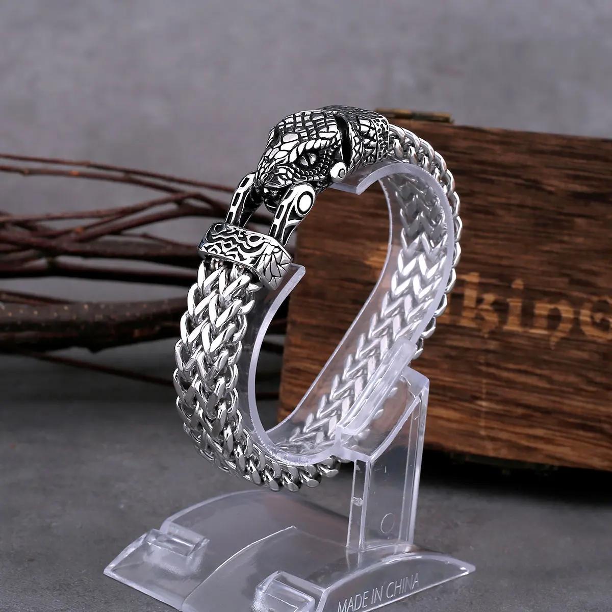 1pc Vibrant Nordic Viking Stainless Steel Snake Head Charm Bracelet - Durable, Colorfast, Punk-Inspired Jewelry for Men - Fashionable Gift Idea