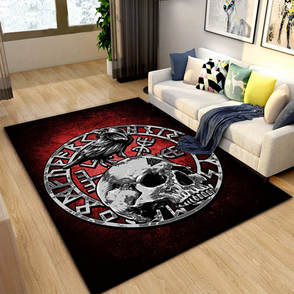Boho Black Viking Carpet: Retro Raven Tarot Witchcraft Floor Mat for Bedroom, Living Room, Dorm, Halloween Decor - Abstract Wall Art Rug with Mysterious and Witchcraft Design