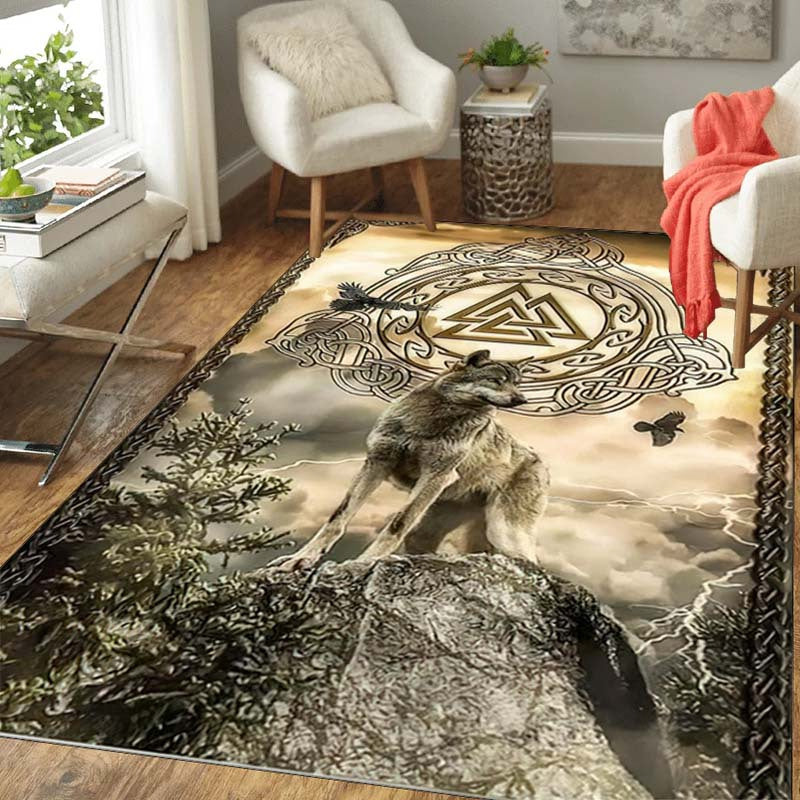 Luxurious Viking Wolf Crystal Velvet Area Rug - Perfect For Living Room, Bedroom, Gaming Den & Dorms, 800G/M², Large Size
