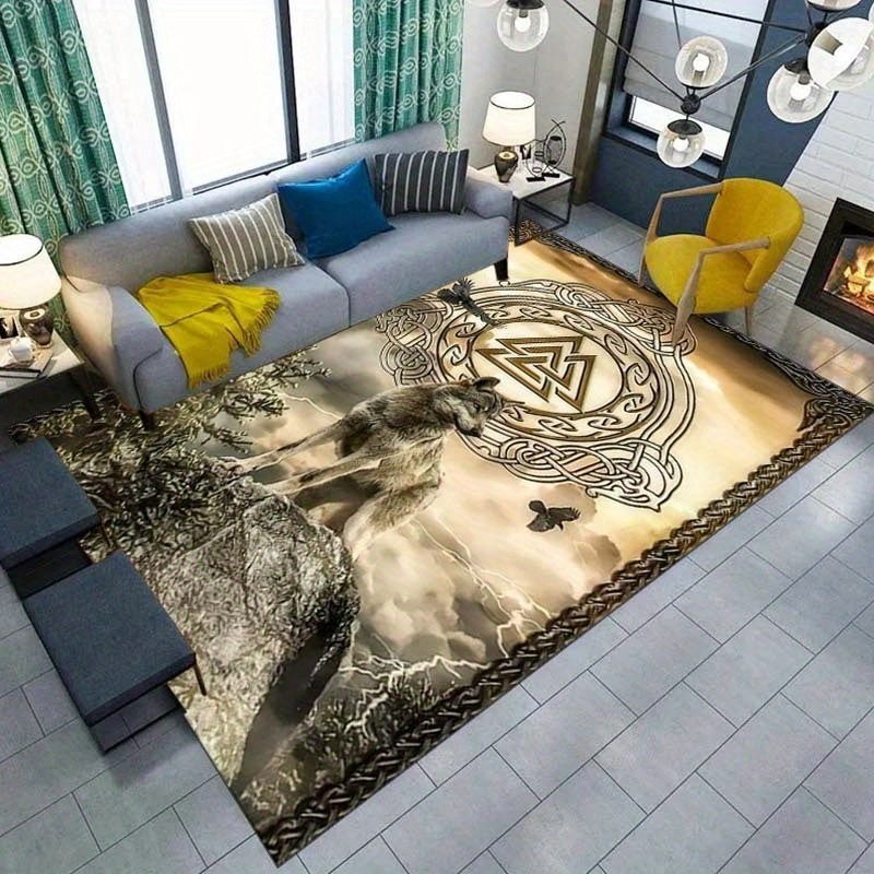 Luxurious Viking Wolf Crystal Velvet Area Rug - Perfect For Living Room, Bedroom, Gaming Den & Dorms, 800G/M², Large Size