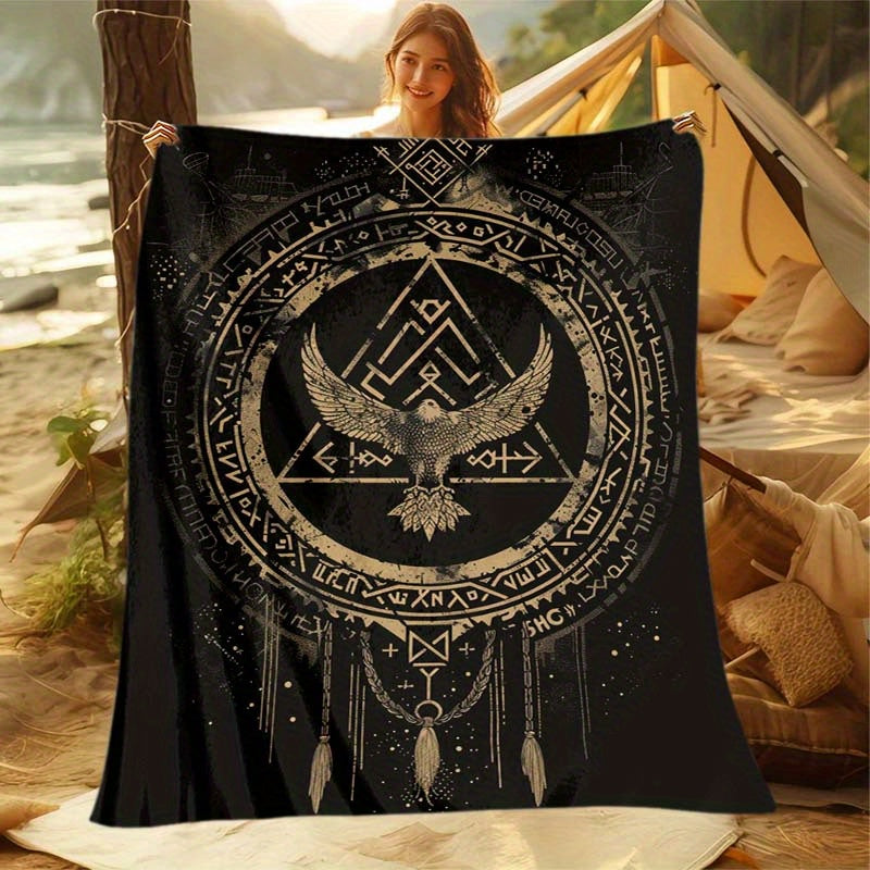 Viking Totem Art Print Blanket - Large Size Soft Polyester Square Throw for Sofa, Bed, Travel, Camping, Leisure - 100% Polyester Comfortable Chair Mat for Office and Living Room with Nordic Design