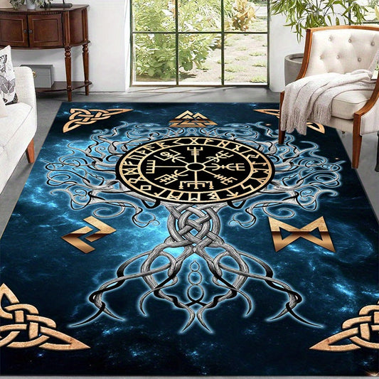 Viking Symbol & Totem Design Area Rug - 100% Polyester, Hand Wash Only, Non-Slip Carpet for Living Room, Bedroom, Indoor Use - Large Size (Longest Side ≥70.87inch, Area ≥ 2.16m²) - Decorative Anti-Slip Floor Mat for Home
