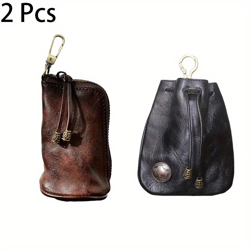 2pcs/ set Viking Wallet Sporran Leather Key Bag Men's Retro Waist Hanging Cowhide Simple Large Capacity Bucket Bag Multifunctional Zipper Key Bag Viking Wallet