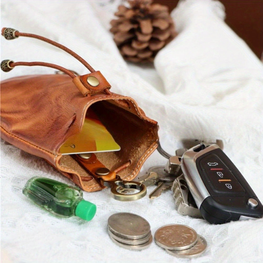 2pcs/ set Viking Wallet Sporran Leather Key Bag Men's Retro Waist Hanging Cowhide Simple Large Capacity Bucket Bag Multifunctional Zipper Key Bag Viking Wallet