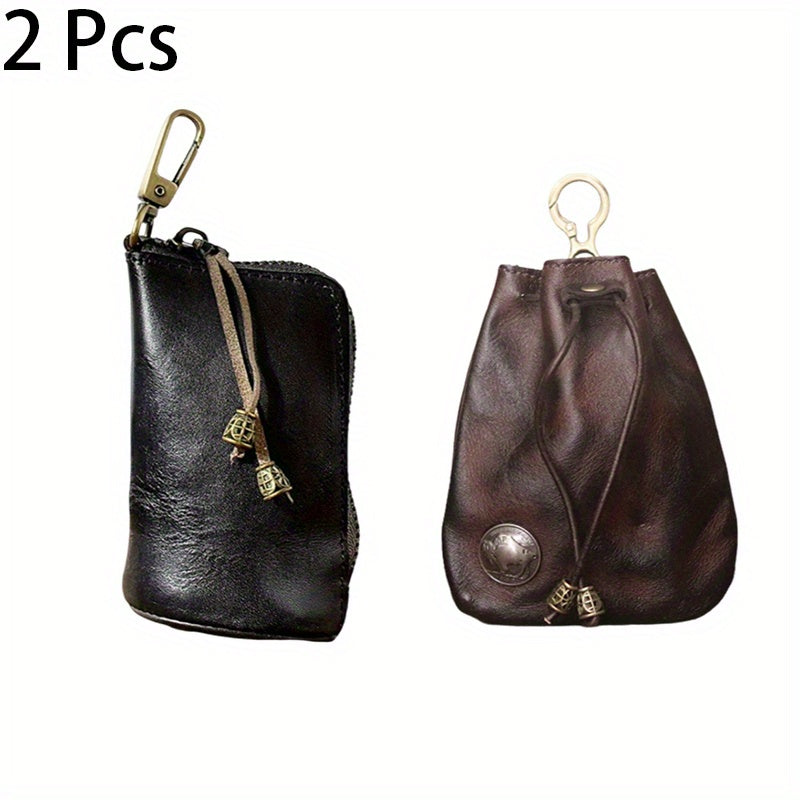 2pcs/ set Viking Wallet Sporran Leather Key Bag Men's Retro Waist Hanging Cowhide Simple Large Capacity Bucket Bag Multifunctional Zipper Key Bag Viking Wallet