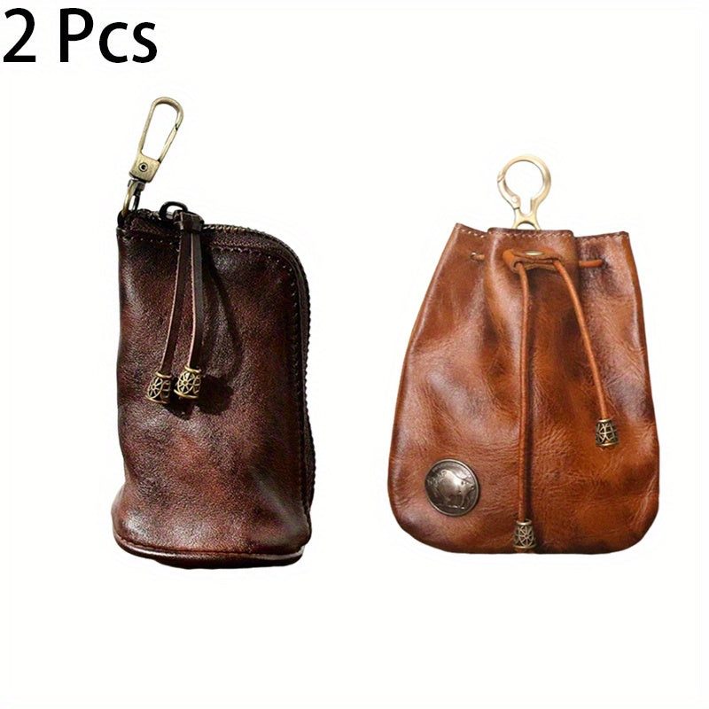 2pcs/ set Viking Wallet Sporran Leather Key Bag Men's Retro Waist Hanging Cowhide Simple Large Capacity Bucket Bag Multifunctional Zipper Key Bag Viking Wallet