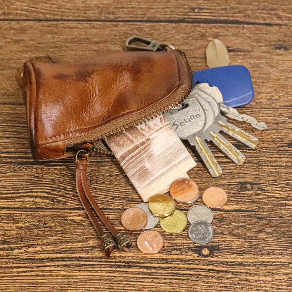 2pcs/ set Viking Wallet Sporran Leather Key Bag Men's Retro Waist Hanging Cowhide Simple Large Capacity Bucket Bag Multifunctional Zipper Key Bag Viking Wallet