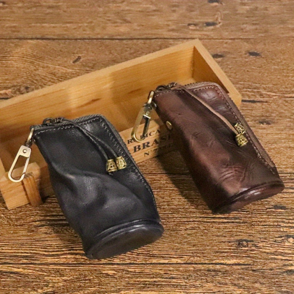 2pcs/ set Viking Wallet Sporran Leather Key Bag Men's Retro Waist Hanging Cowhide Simple Large Capacity Bucket Bag Multifunctional Zipper Key Bag Viking Wallet