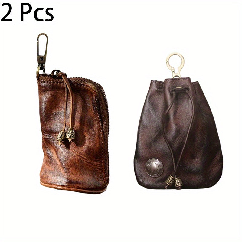2pcs/ set Viking Wallet Sporran Leather Key Bag Men's Retro Waist Hanging Cowhide Simple Large Capacity Bucket Bag Multifunctional Zipper Key Bag Viking Wallet