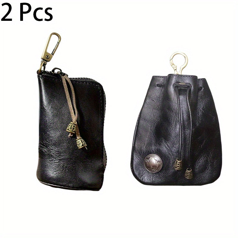 2pcs/ set Viking Wallet Sporran Leather Key Bag Men's Retro Waist Hanging Cowhide Simple Large Capacity Bucket Bag Multifunctional Zipper Key Bag Viking Wallet