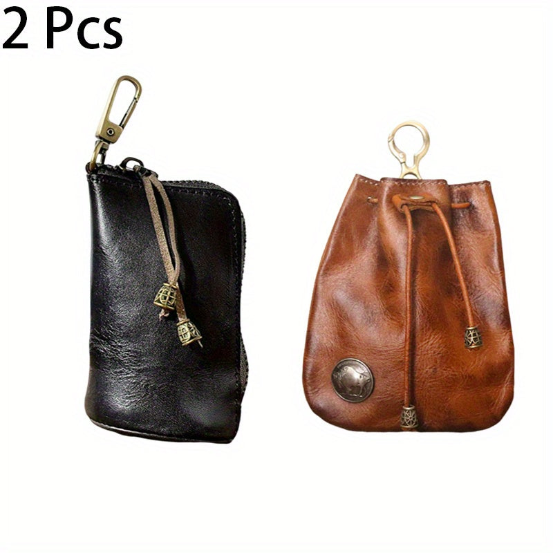 2pcs/ set Viking Wallet Sporran Leather Key Bag Men's Retro Waist Hanging Cowhide Simple Large Capacity Bucket Bag Multifunctional Zipper Key Bag Viking Wallet