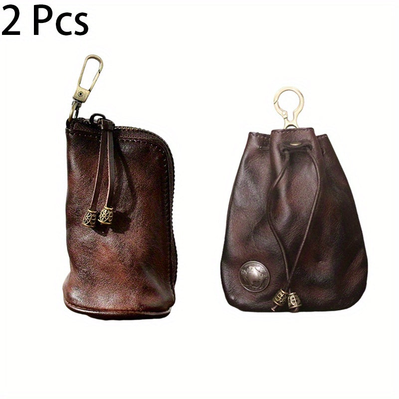 2pcs/ set Viking Wallet Sporran Leather Key Bag Men's Retro Waist Hanging Cowhide Simple Large Capacity Bucket Bag Multifunctional Zipper Key Bag Viking Wallet