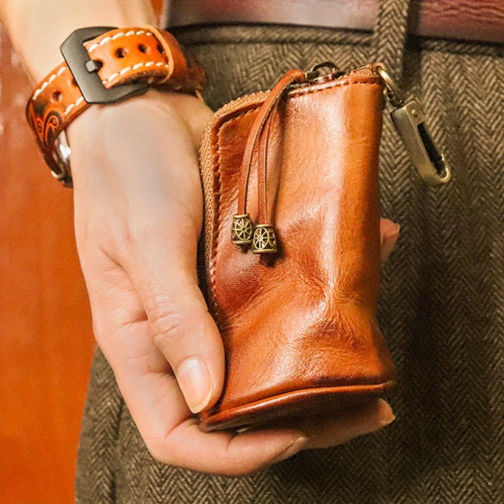 2pcs/ set Viking Wallet Sporran Leather Key Bag Men's Retro Waist Hanging Cowhide Simple Large Capacity Bucket Bag Multifunctional Zipper Key Bag Viking Wallet