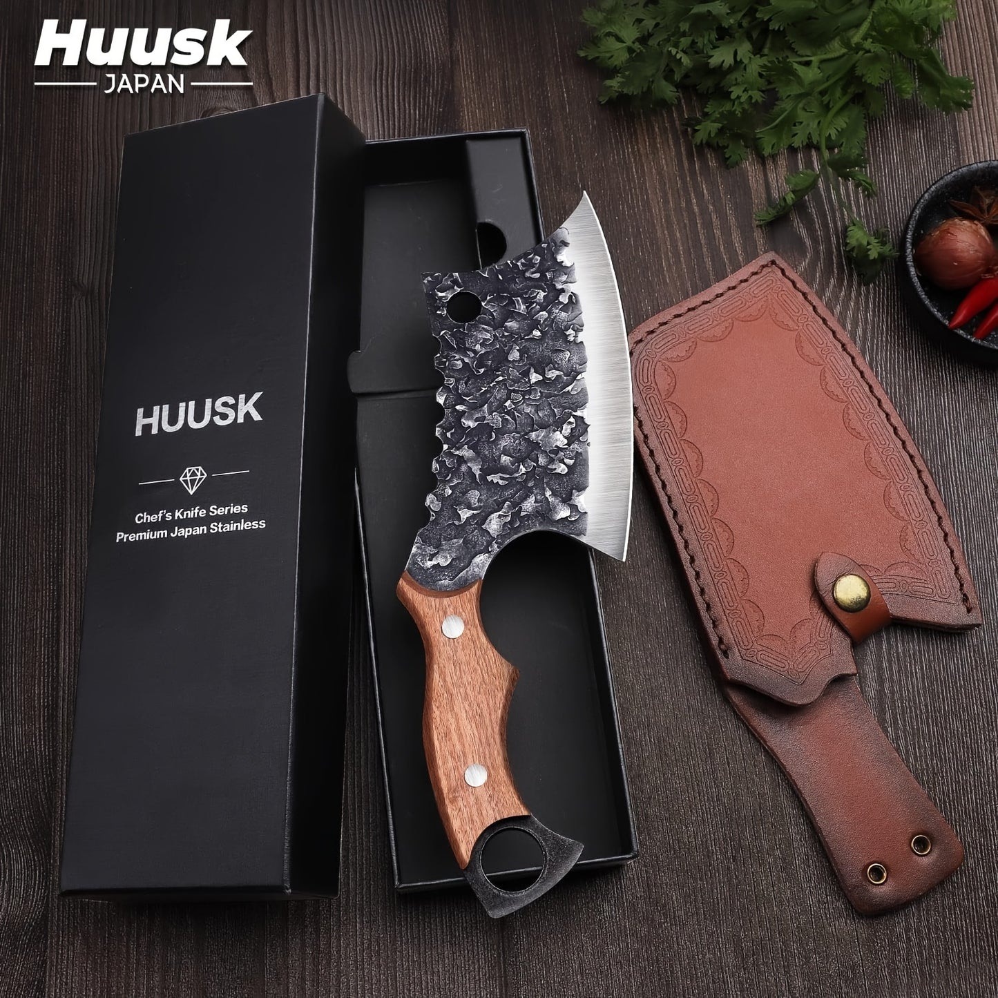 Huusk Japan Knife Hand Forged Meat Cleaver for Meat Cutting Creative Asian Knife for Vegetables Viking Knives with Sheath Camping Knife for Kitchen and Restaurant Use Christmas Gift