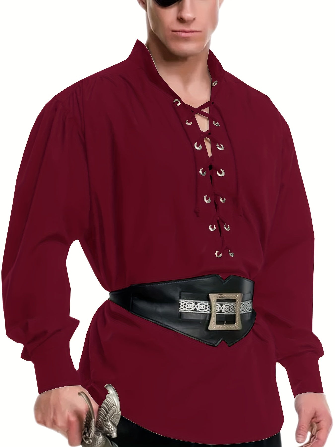 Plus Size Men's Medieval Pirate Shirt, Vintage Style Viking Renaissance Steampunk Halloween Scottish Lace Up Costume Top