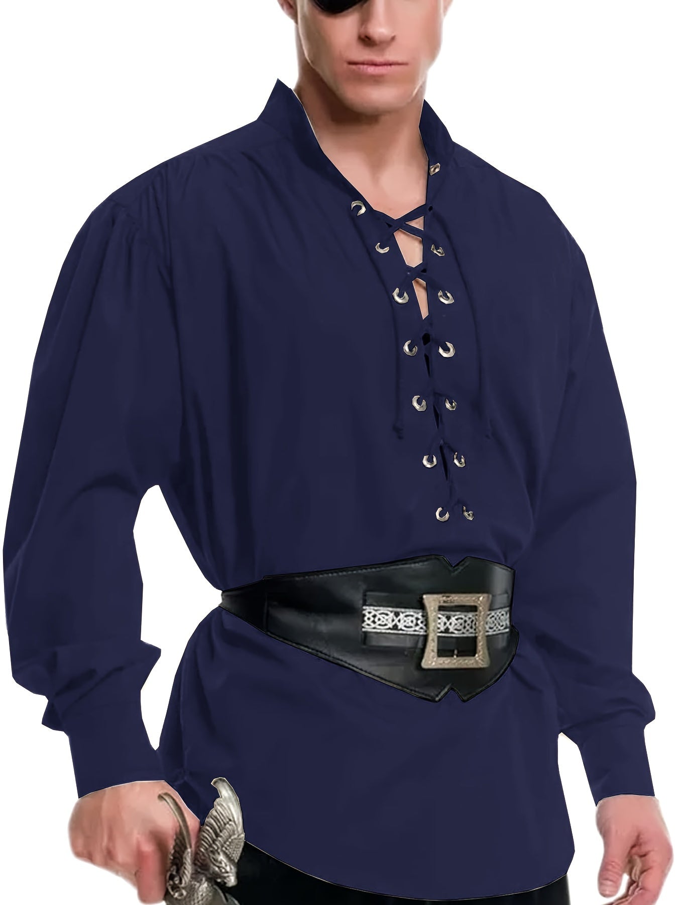Plus Size Men's Medieval Pirate Shirt, Vintage Style Viking Renaissance Steampunk Halloween Scottish Lace Up Costume Top