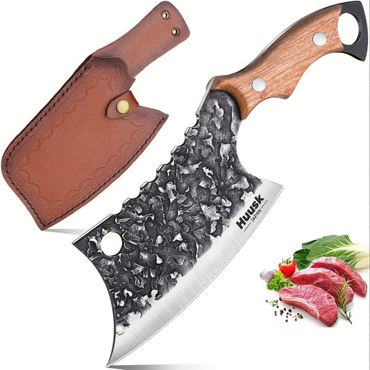 Huusk Japan Knife Hand Forged Meat Cleaver for Meat Cutting Creative Asian Knife for Vegetables Viking Knives with Sheath Camping Knife for Kitchen and Restaurant Use Christmas Gift