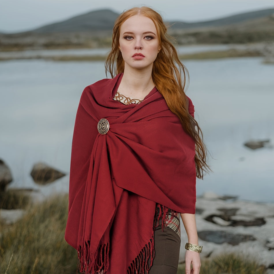 L'VOW Authentic Red Medieval Half Shoulder Cape with Viking Brooch - Durable Polyester, Fringe Detail, Perfect for Men & Women Halloween Cosplay & Renaissance Fairs, Halloween Costumes
