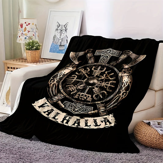 1pc Flanged Blanket, Retro Viking Logo Printing Blanket, Comfortable And Comfortable Blanket, For Camping Sofa Bed And Couch Office, Suitable For Gift Blankets In All Seasons