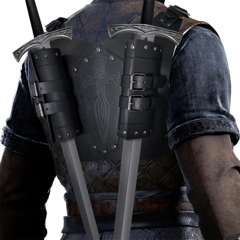 Medieval Viking-Inspired PU Leather Sword Sheath - Adjustable Renaissance Knight & Mercenary Dual Back Scabbard for Halloween, LARP, and Stage Costumes