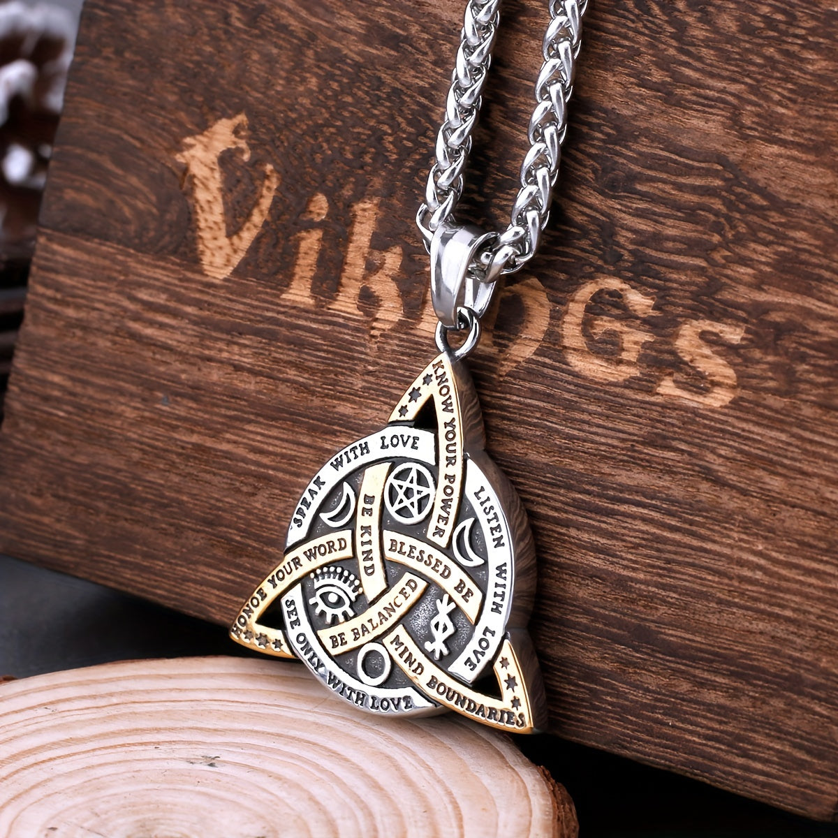 1pc Norse Viking Odin Trinity Pendant Necklace - Vintage Stainless Steel Amulet Jewelry for Men with Wooden Box