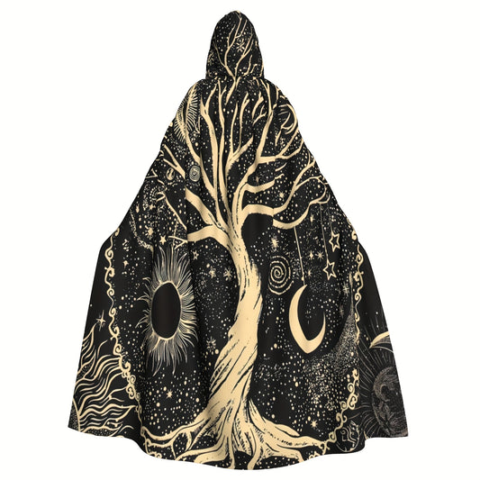 1pc, Nordic Style Viking Goddess Tenacious Life Tree Sun And Moon Black And White Star, Hooded Robe Cloak Shawl Cosplay For Adult Men Women, Party Favors Supplies Dresses Clothes Gifts, 58*60inch