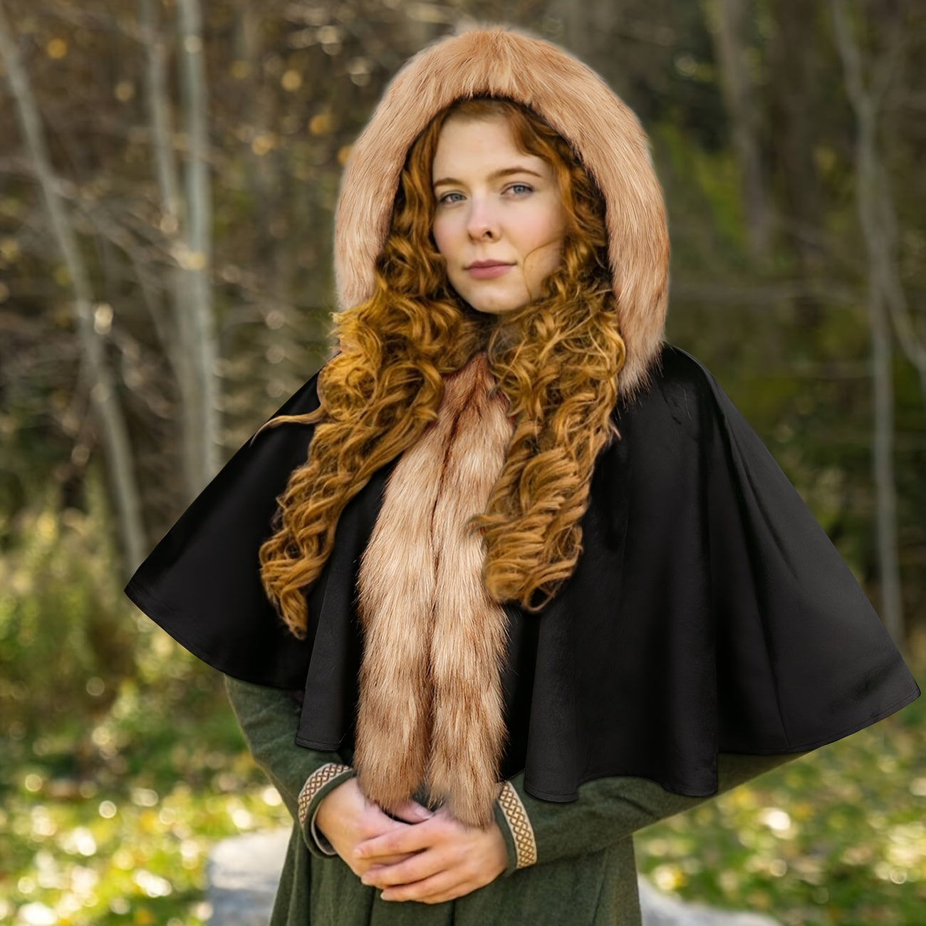 Fashionable Viking Hooded Cloak with Faux Fur Trim - Polyester Renaissance Cape for Halloween, Cosplay, and Christmas Costumes - L'VOW Medieval Style Hooded Cloak with Hand Wash or Professional Dry Clean Care Instructions