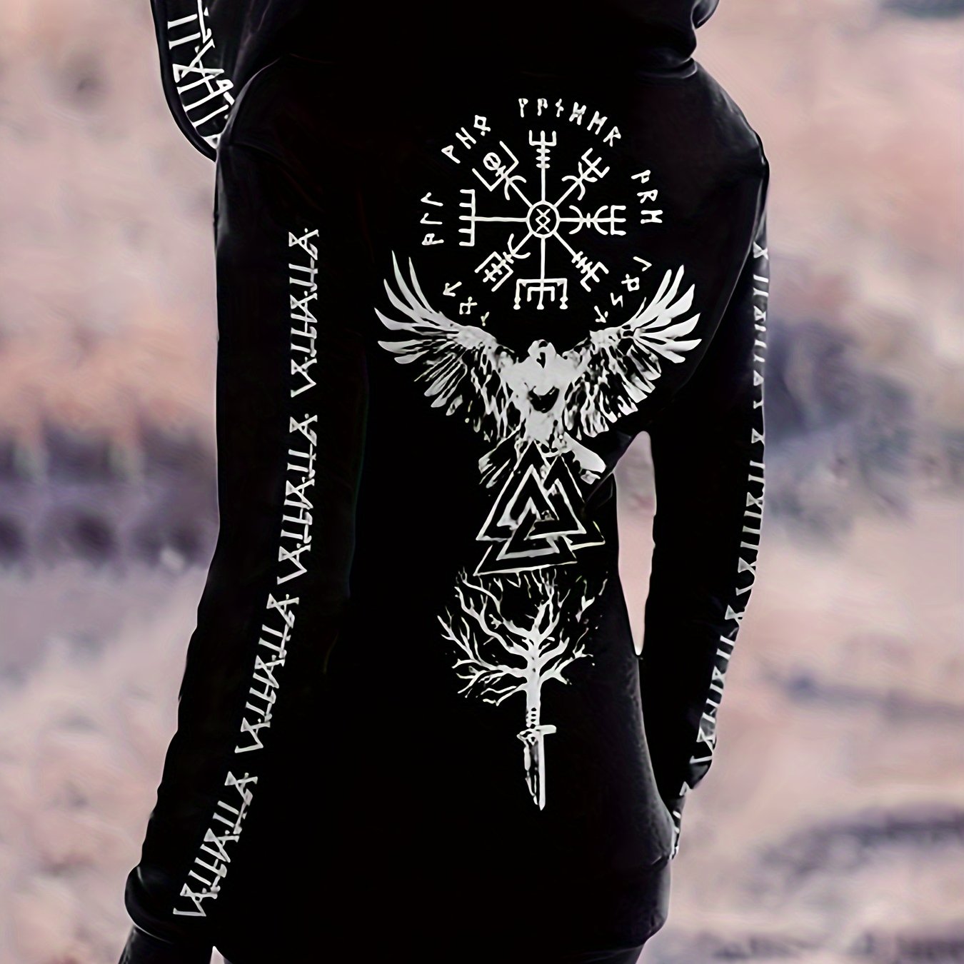 Viking Pattern Vintage Gothic Style Hoodie, Casual Zipper Long Sleeve Drawstring Hoodies Sweatshirt, Women's Clothing