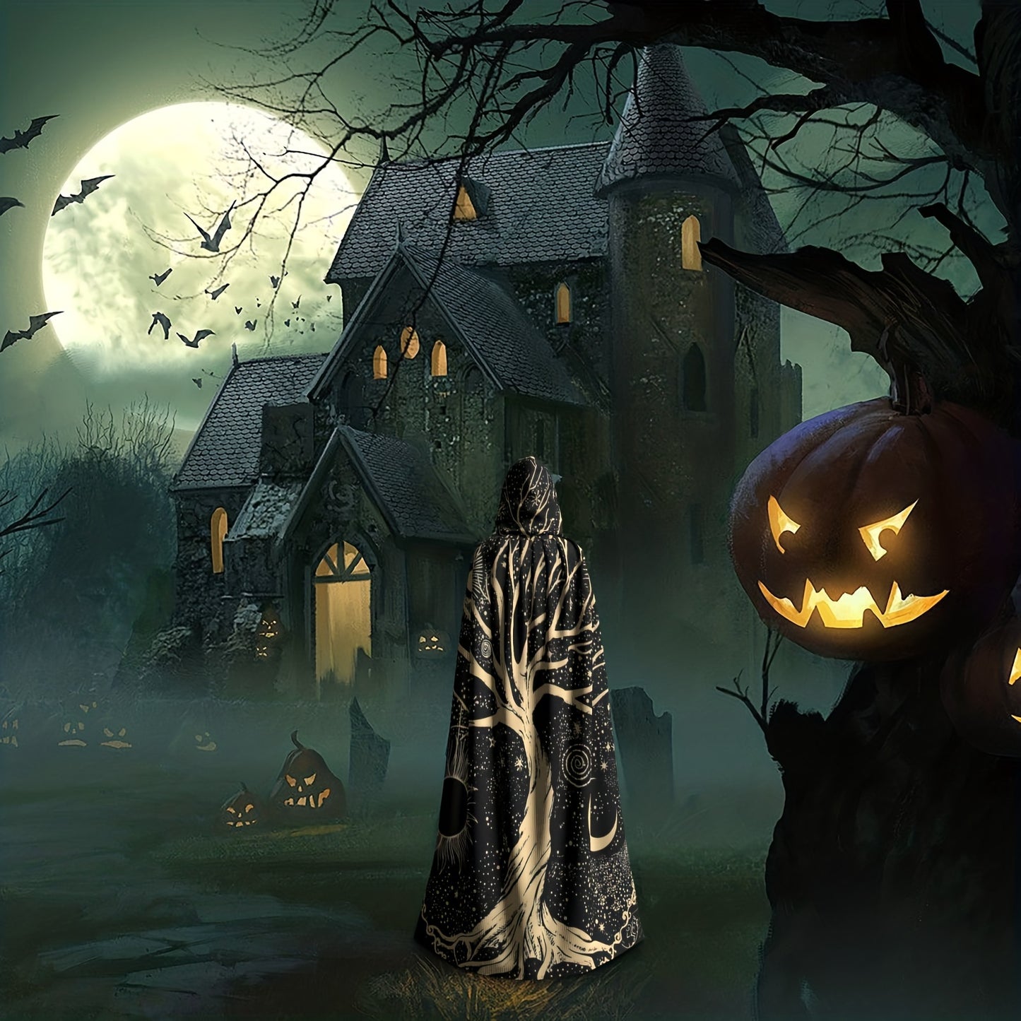 1pc, Nordic Style Viking Goddess Tenacious Life Tree Sun And Moon Black And White Star, Hooded Robe Cloak Shawl Cosplay For Adult Men Women, Party Favors Supplies Dresses Clothes Gifts, 58*60inch