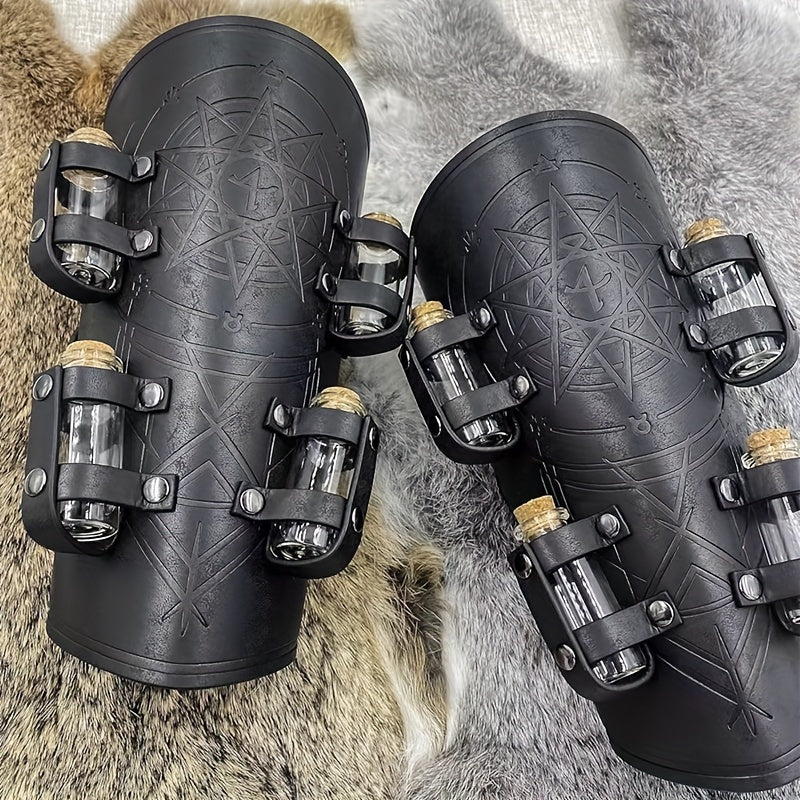 1pair Halloween Viking Pressed Flower PU Leather Arm Guards, Medieval Retro Knight Gloves