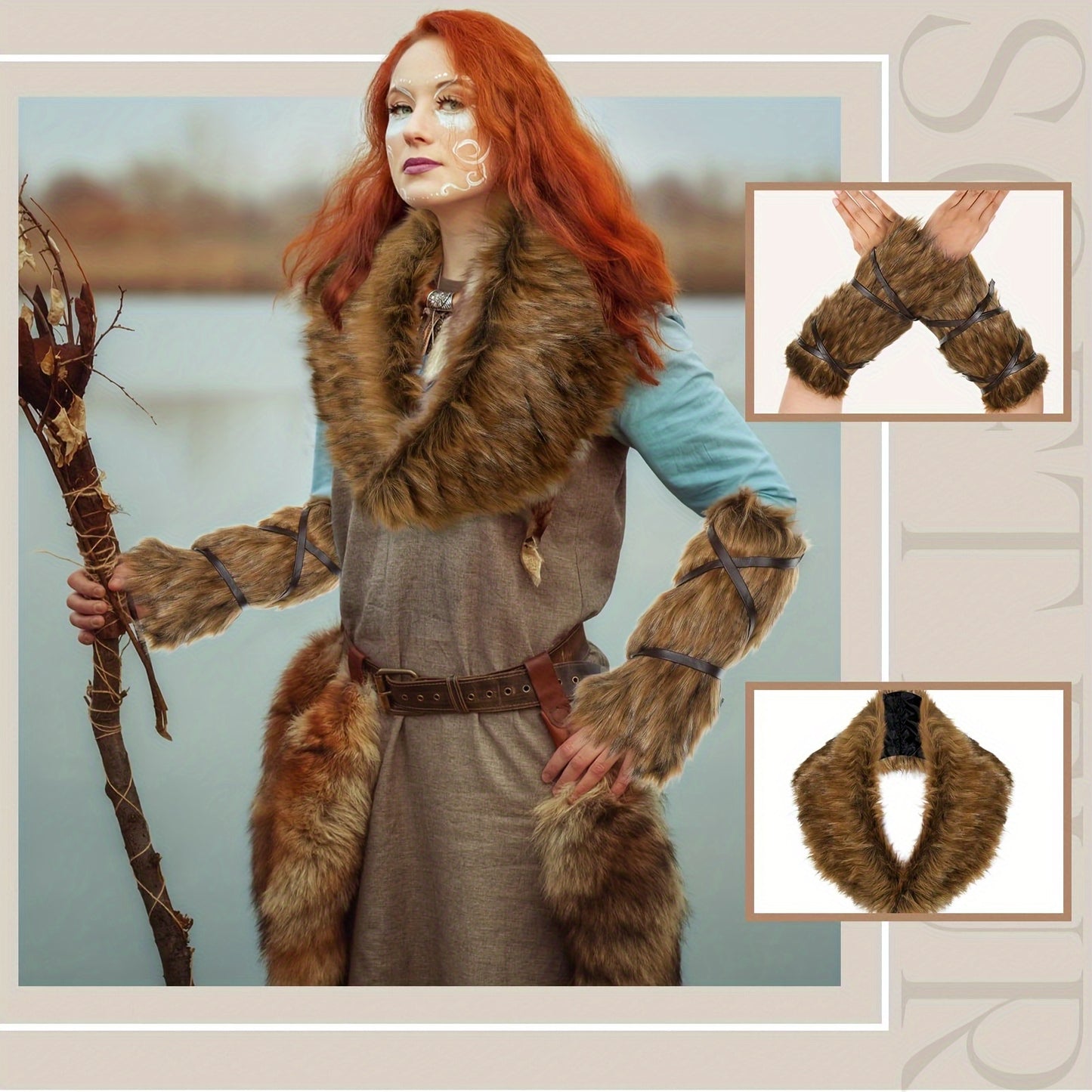 5pcs Viking Deluxe Faux Fur Accessories Set - Luxurious Collar, Leg & Hand Warmers - Authentic Style for Halloween Costume, Cosplay Events