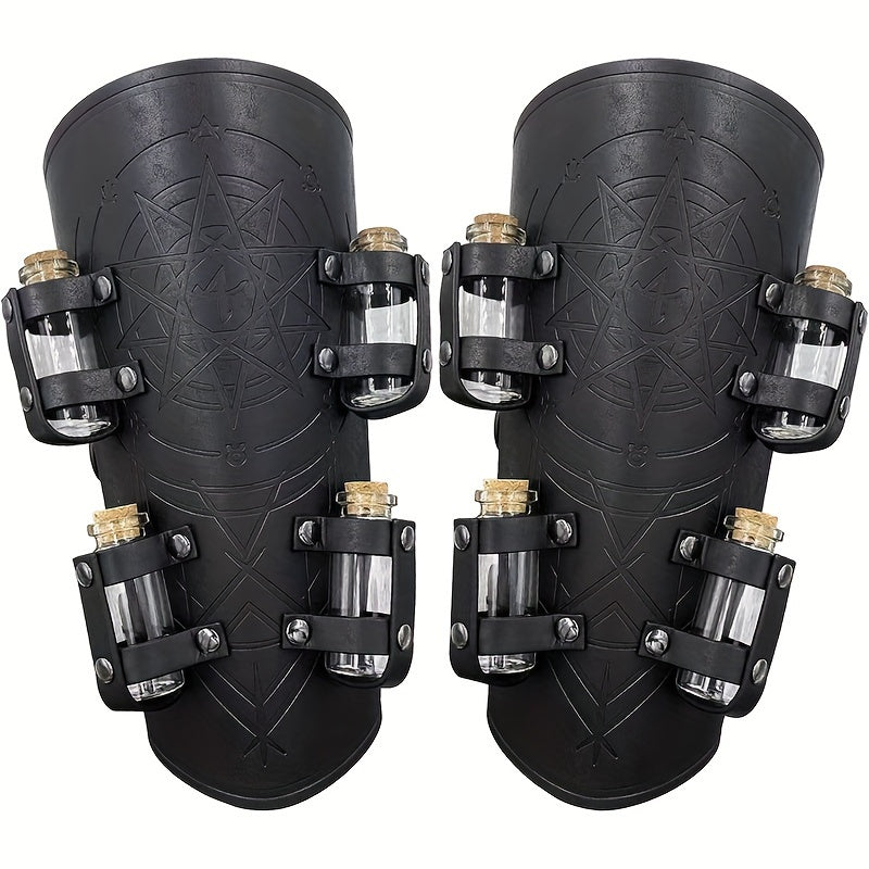 1pair Halloween Viking Pressed Flower PU Leather Arm Guards, Medieval Retro Knight Gloves