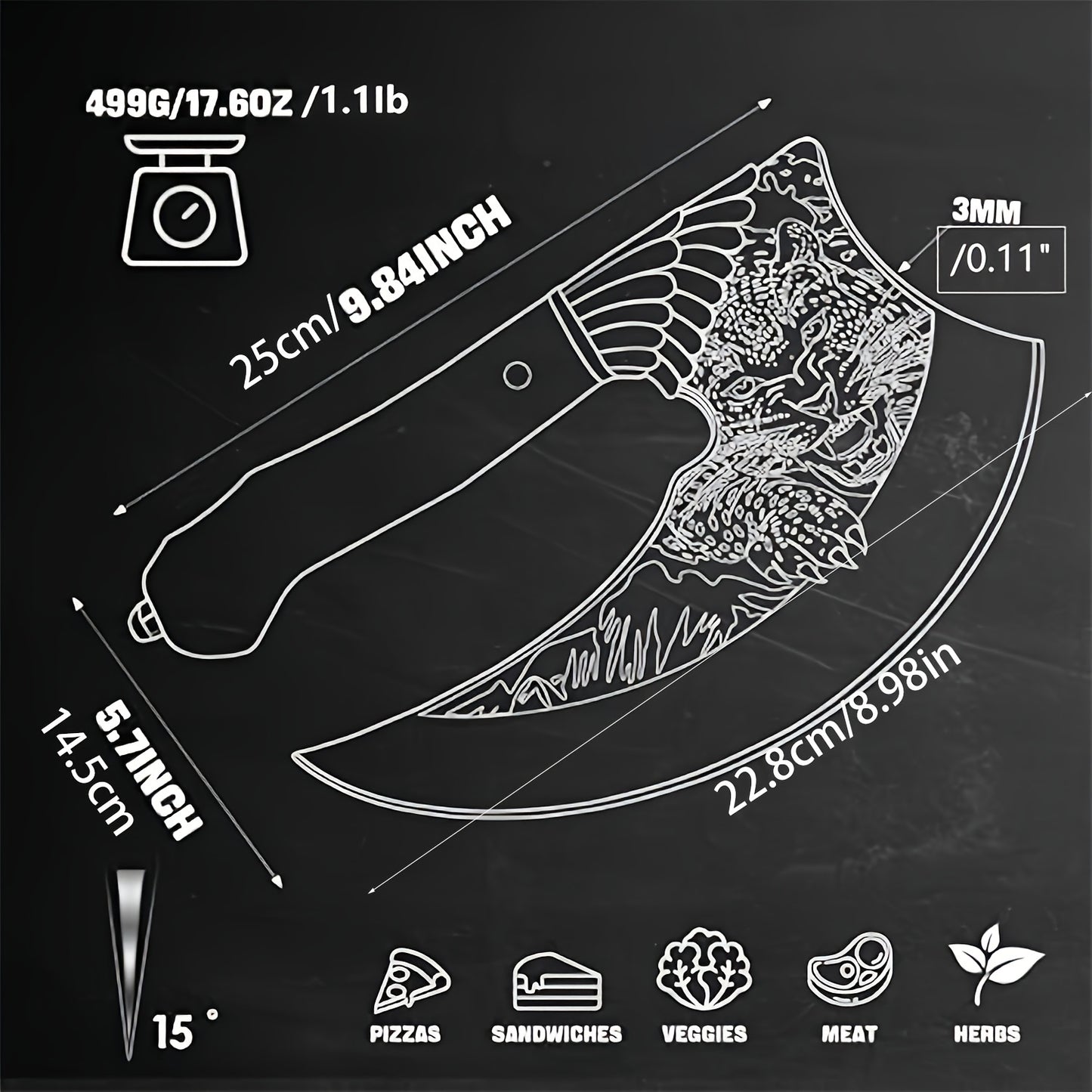 9-Inch Viking-Style Pizza Cutter Axe - High-Carbon German 1.4116 Super Steel Blade, Ergonomic Rose Wooden Handle, Includes Sheath and Box, Perfect for Mincing Meat, Chopping Vegetables, and Rocking Knife Tasks