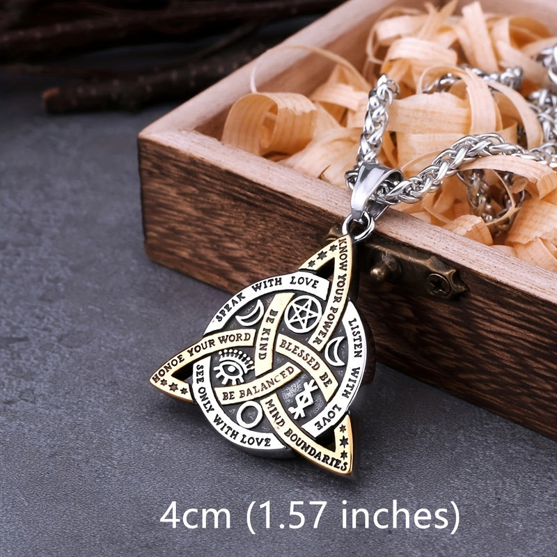 1pc Norse Viking Odin Trinity Pendant Necklace - Vintage Stainless Steel Amulet Jewelry for Men with Wooden Box