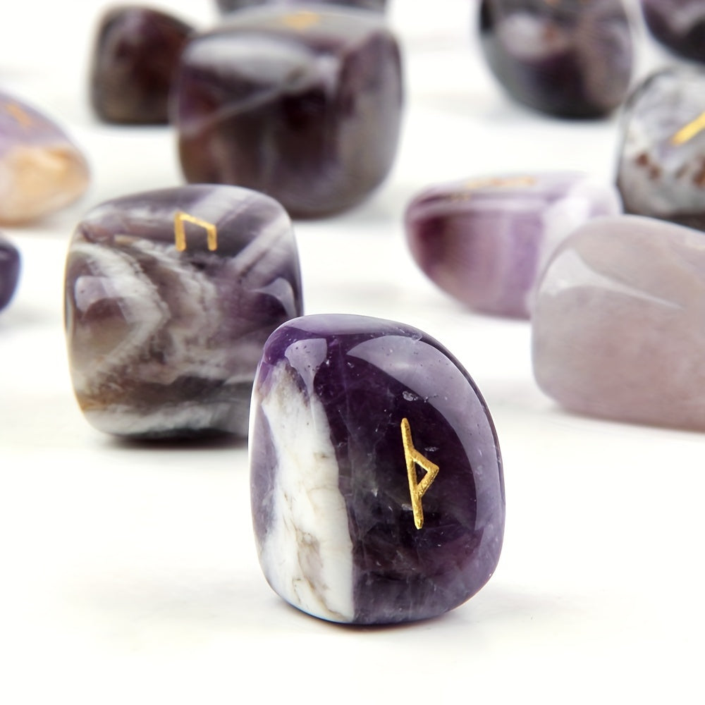 25pcs Natural Amethyst Futhark Viking Rune Stone Set, Engraved Letter Norse Witchcraft Healing Crystal Reiki Gemstones Irregular Shaped