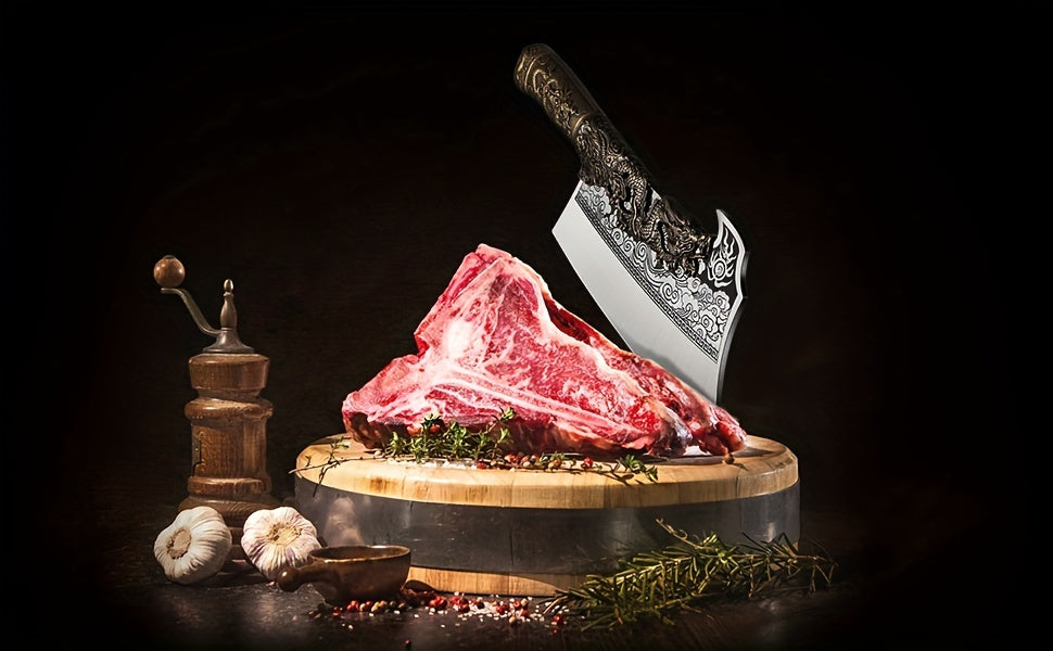 2lb Heavy Duty Dragon Butcher Knife - Chinese Chef's Cleaver for Meat Bone Cutting, 9.5" Big Viking Camping Chopper with Sheath, Perfect Birthday Father Mother Christmas Gift Idea for Men