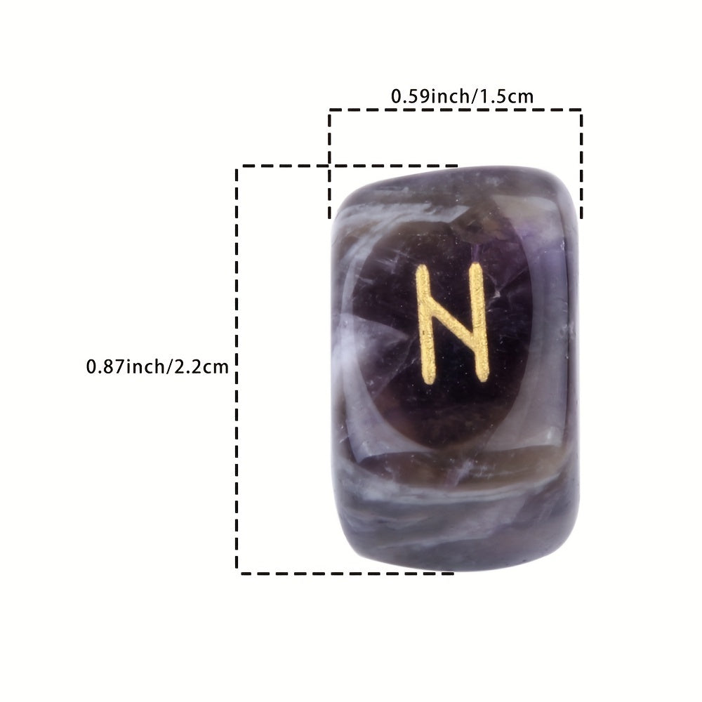 25pcs Natural Amethyst Futhark Viking Rune Stone Set, Engraved Letter Norse Witchcraft Healing Crystal Reiki Gemstones Irregular Shaped
