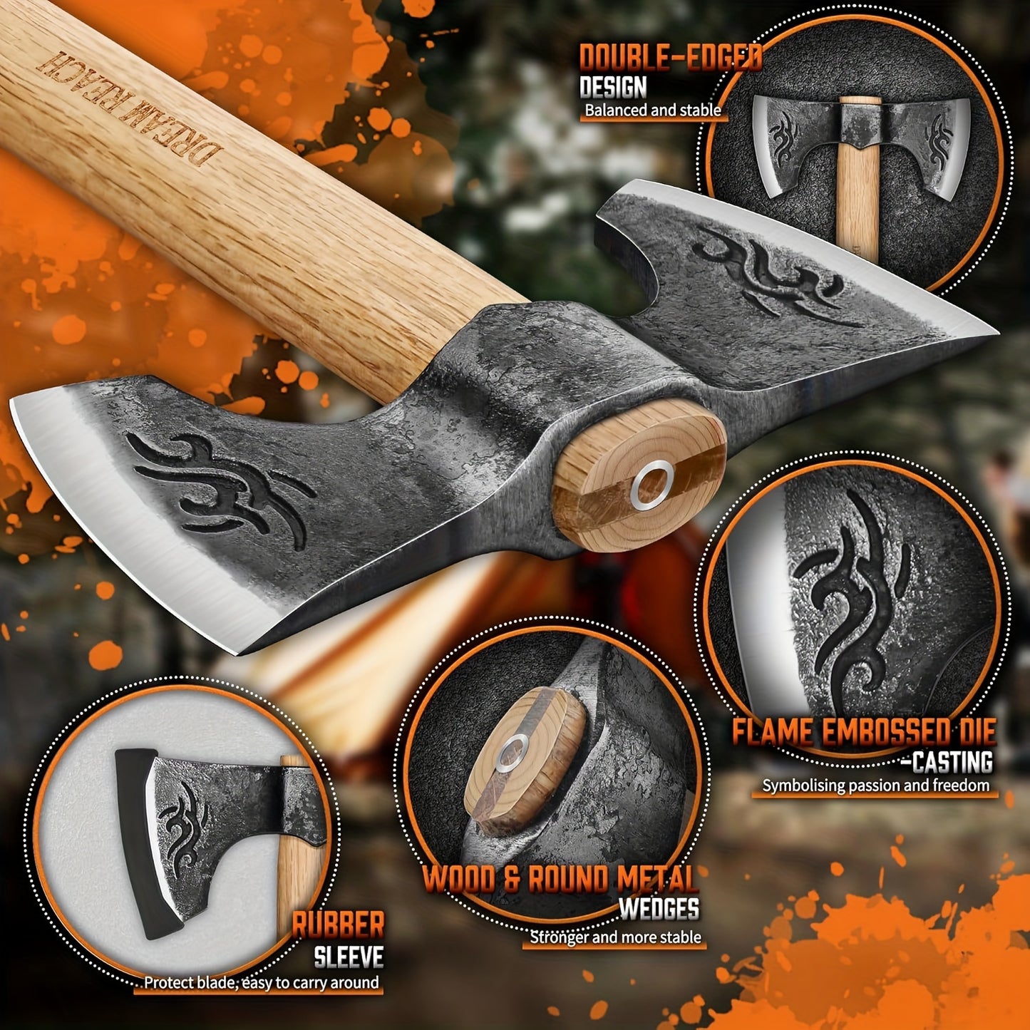 2-Pack Viking Axe Set - Hand Forged, Double Sided, 16" Professional Axes with Wooden Handle for Chopping Wood, Gardening, Bushcraft, Carving, and Backyard Projects - Durable, Rust-Resistant, and Balanced for Efficient Use