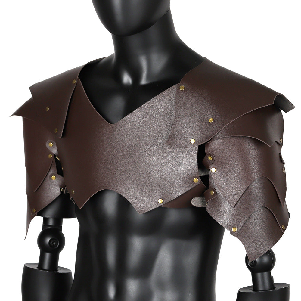 Medieval Viking Knight & Roman Legion Gladiator PU Leather Pauldrons - Funky Style Shoulder Armor Breastplate with Golden Rivets, LARP Cosplay Costume Accessory for Historical Reenactment Props
