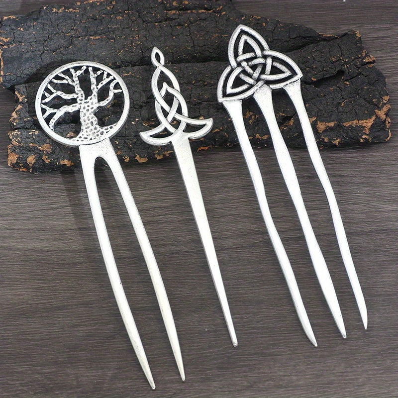 1pc Vintage Viking Style Hairpin Tree Of Life Hairpin Celtic Knot Crescent Moon Silvery Hair Stick Hair Accessories For Women
