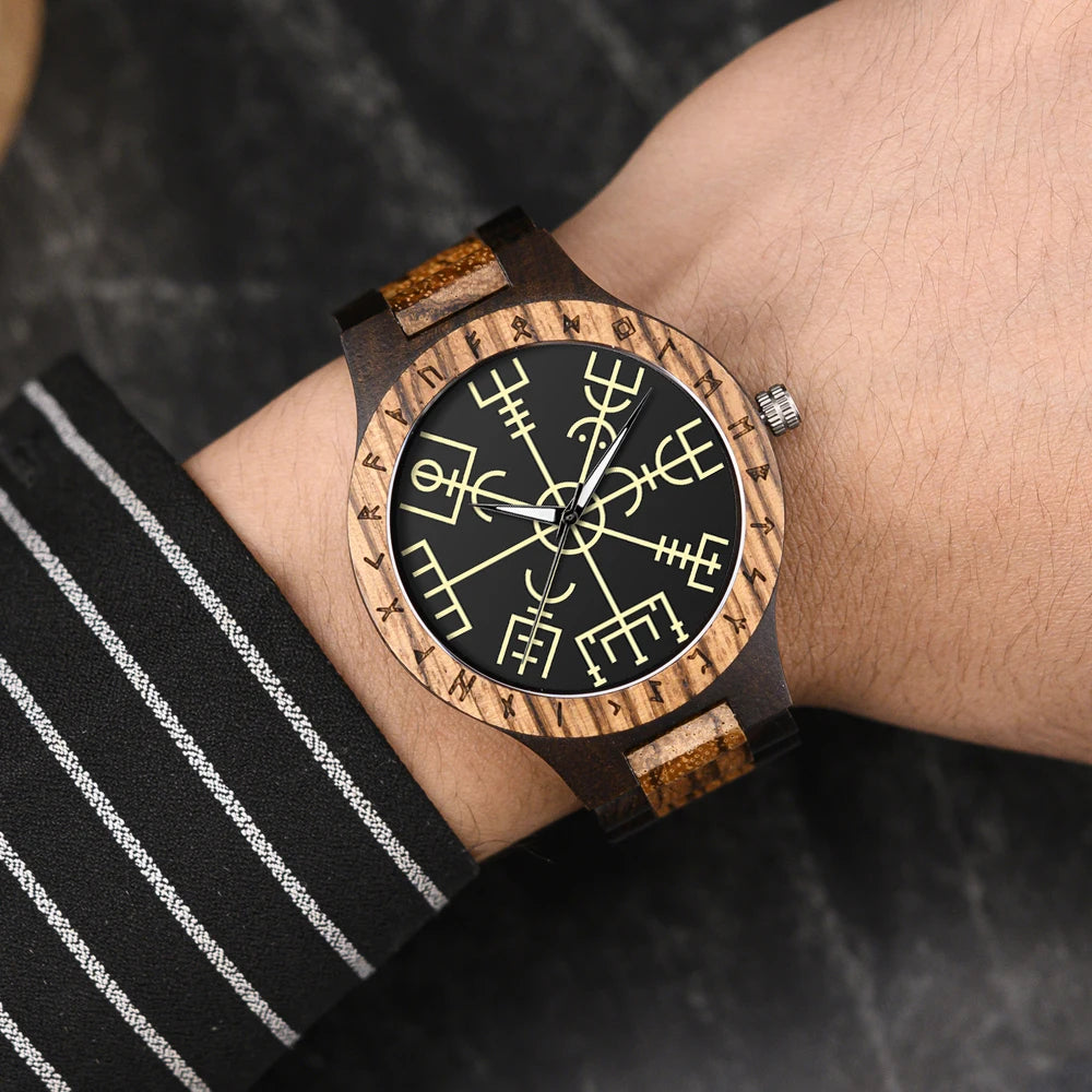 BOBO BIRD Viking Wooden Watches Top Japanese Quartz Movement Wristwatch Unique Men Watch with Helm of Awe Runic Circle Gift Box