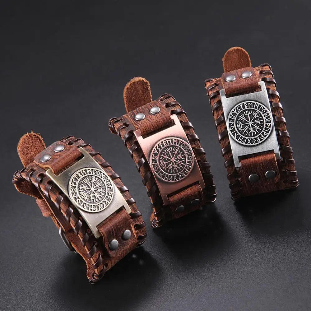 Skyrim Viking Vegvisir Compass Genuine Leather Bracelet for Man Nordic Runes Odin Scandinavian Bangle Amulet Jewelry Gift