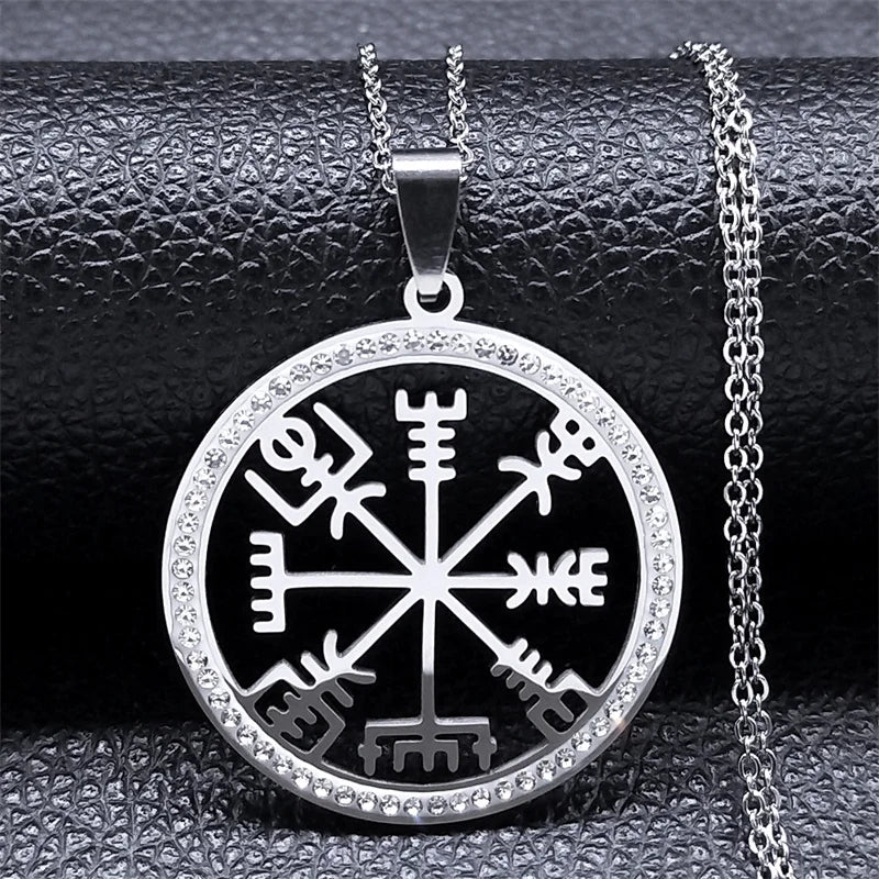Viking Compass Helm Rune Amulet Necklace Silver Color Stainless Steel Symbol of Protection Necklace Pagan Jewelry N7024S01